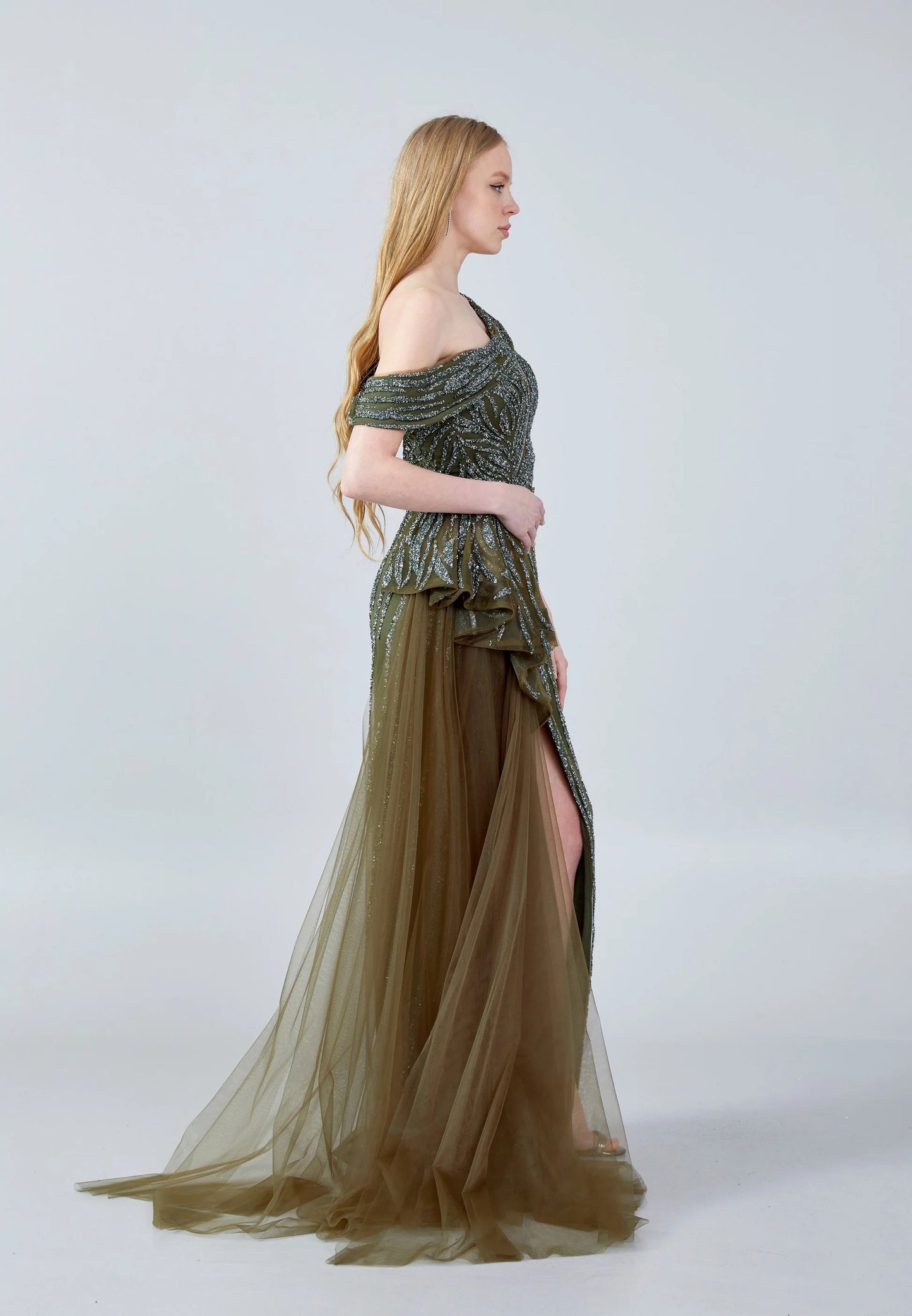 Olive Green One Shoulder Evening Gown