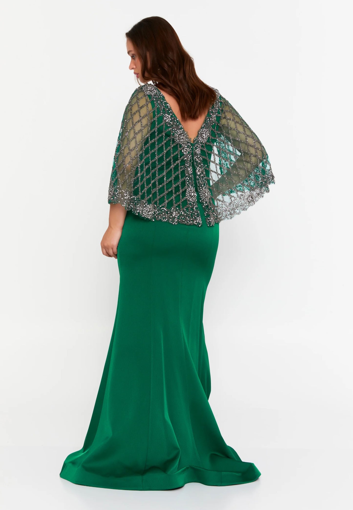 Emerald Beaded Cape Sleeve Gown