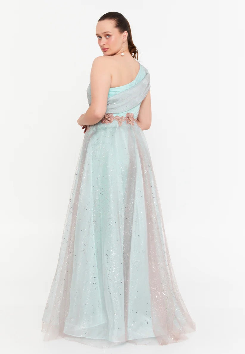 Blue and Rose Gold One Shoulder Evening Gown
