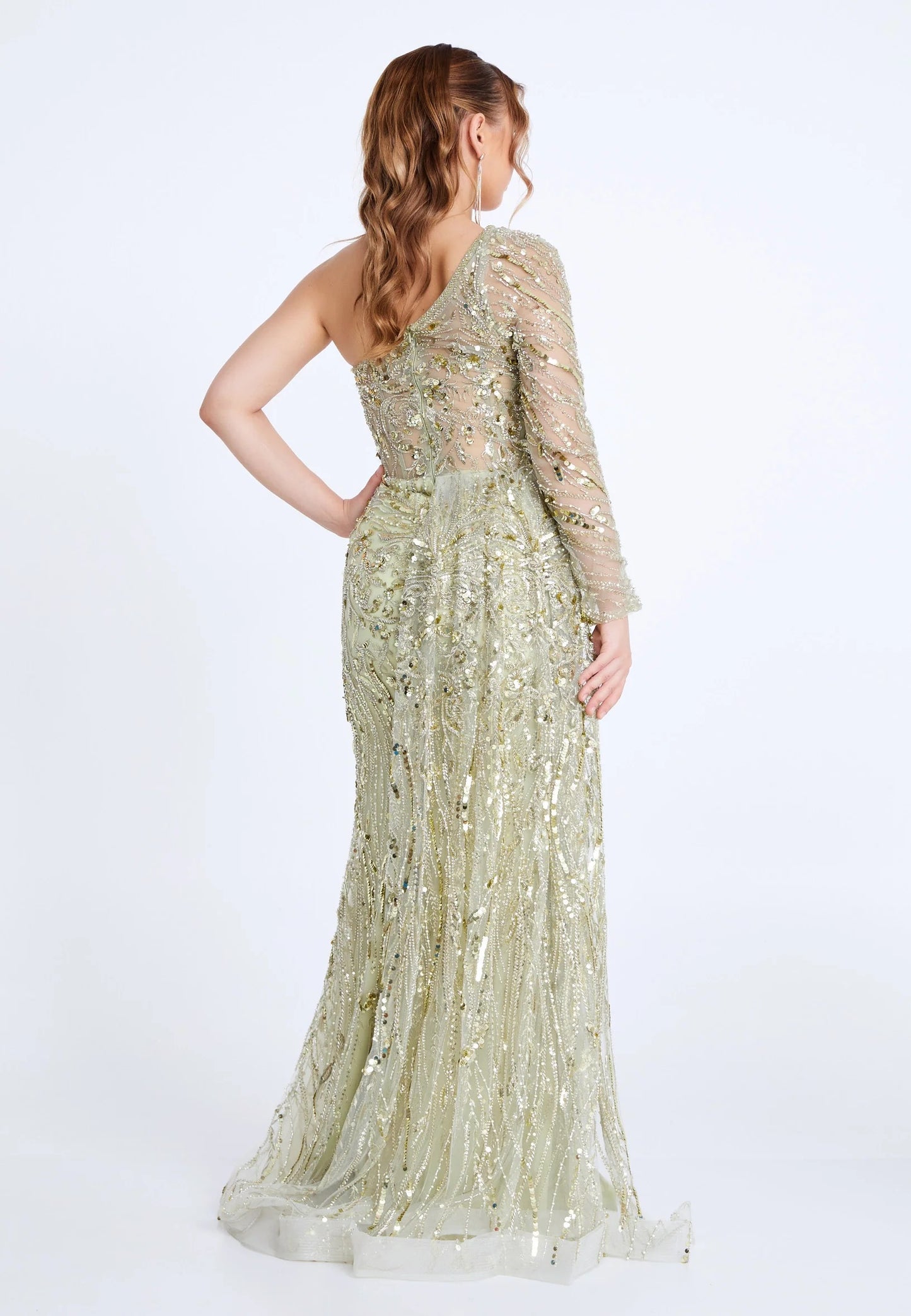 Sage Green One Shoulder Sequin Evening Gown