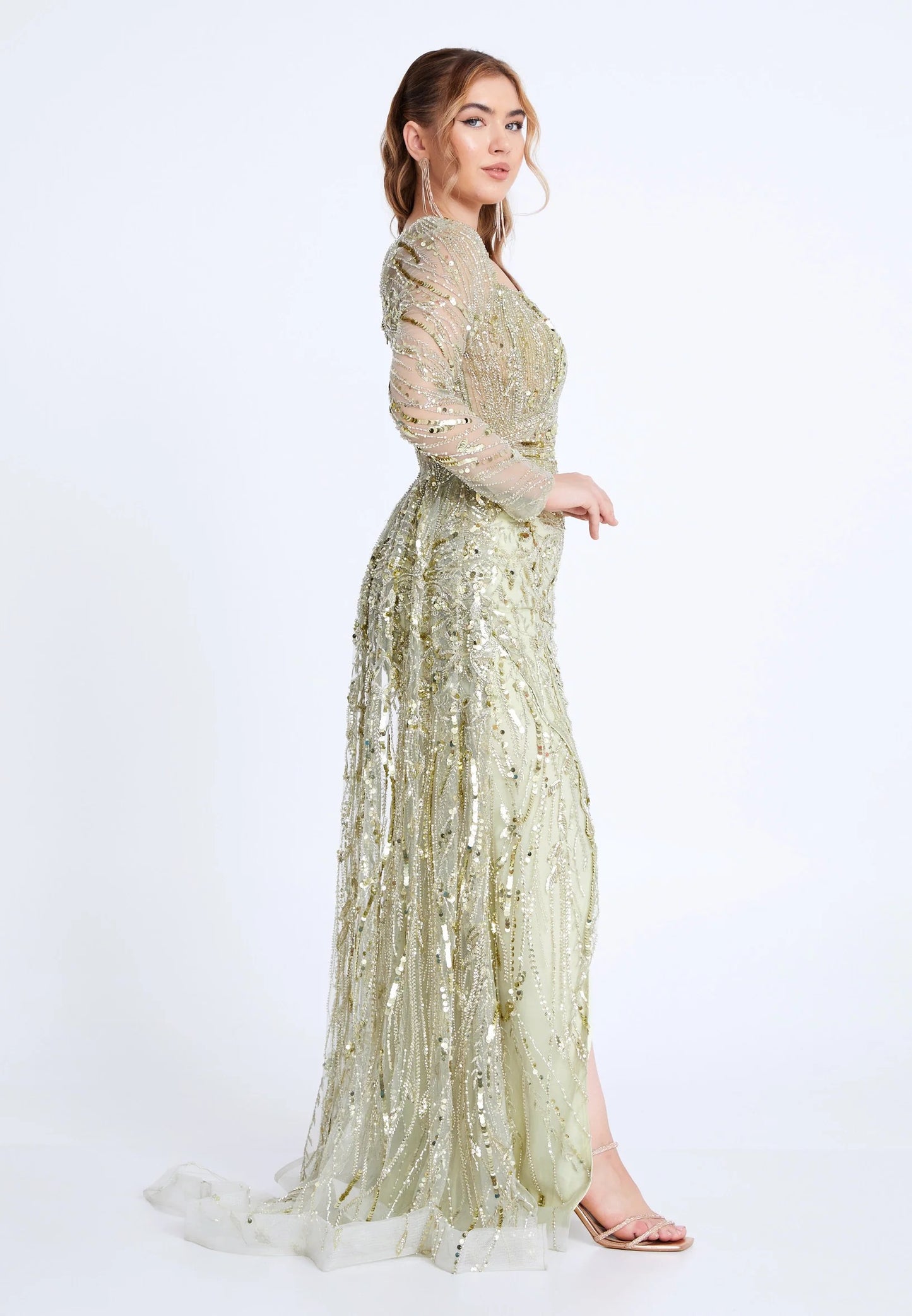 Sage Green One Shoulder Sequin Evening Gown