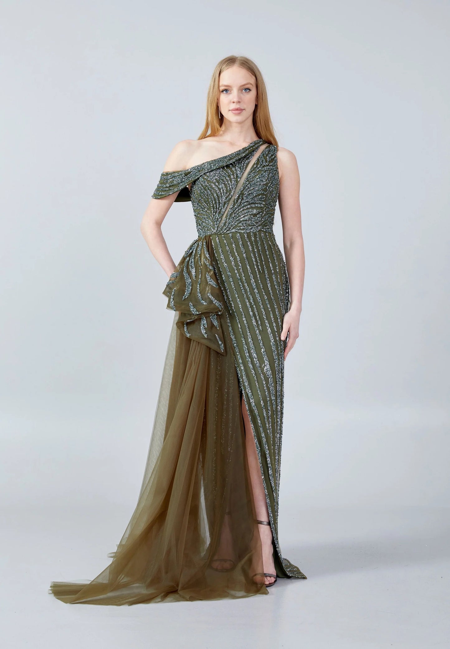 Olive Green One Shoulder Evening Gown