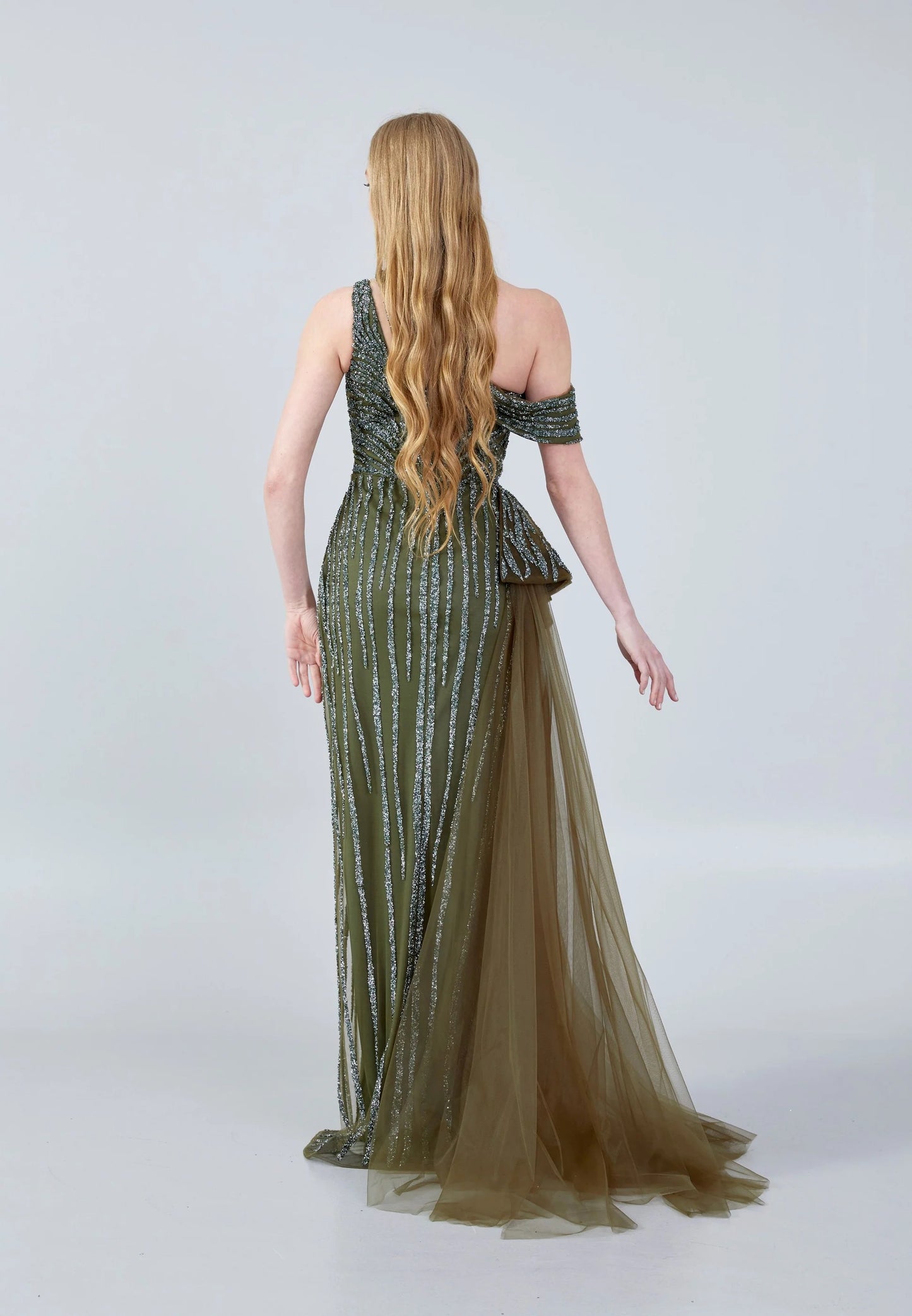 Olive Green One Shoulder Evening Gown