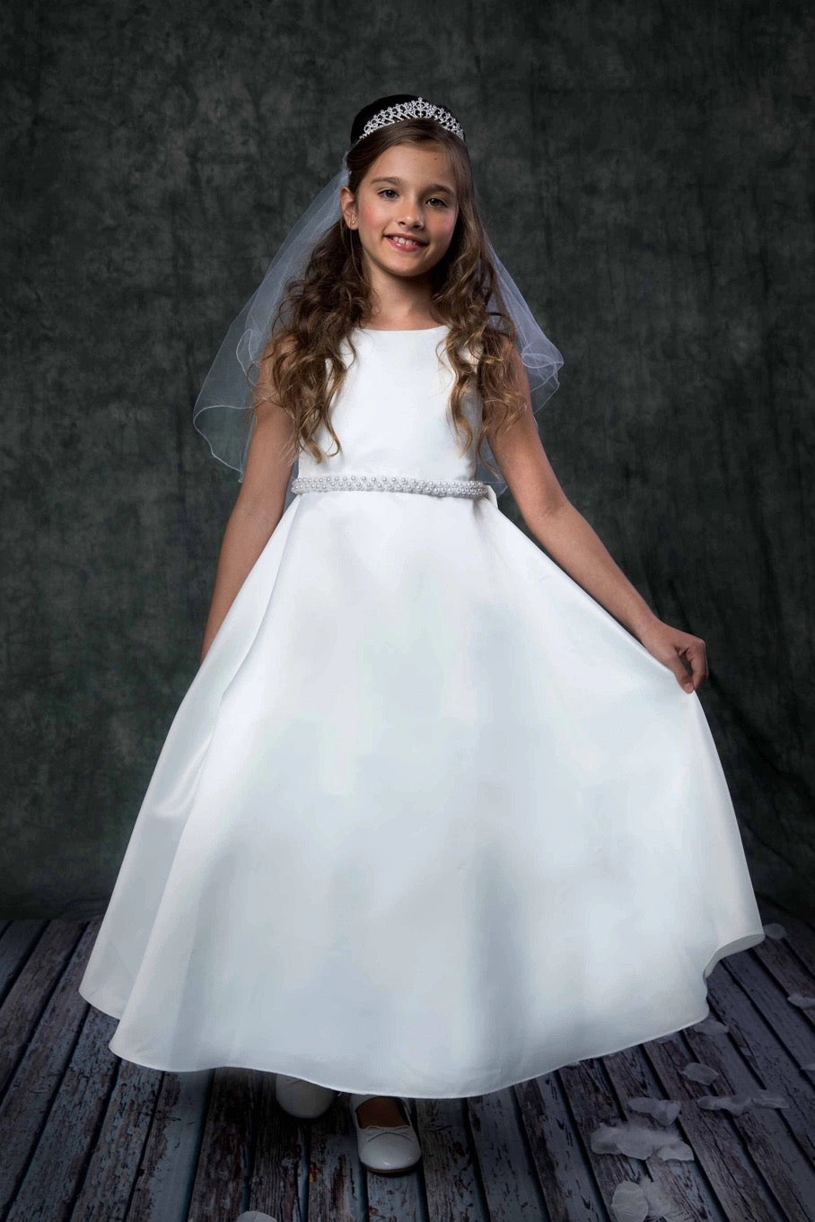 Satin with Pearl Trim Flower Girl / First Communion Dress