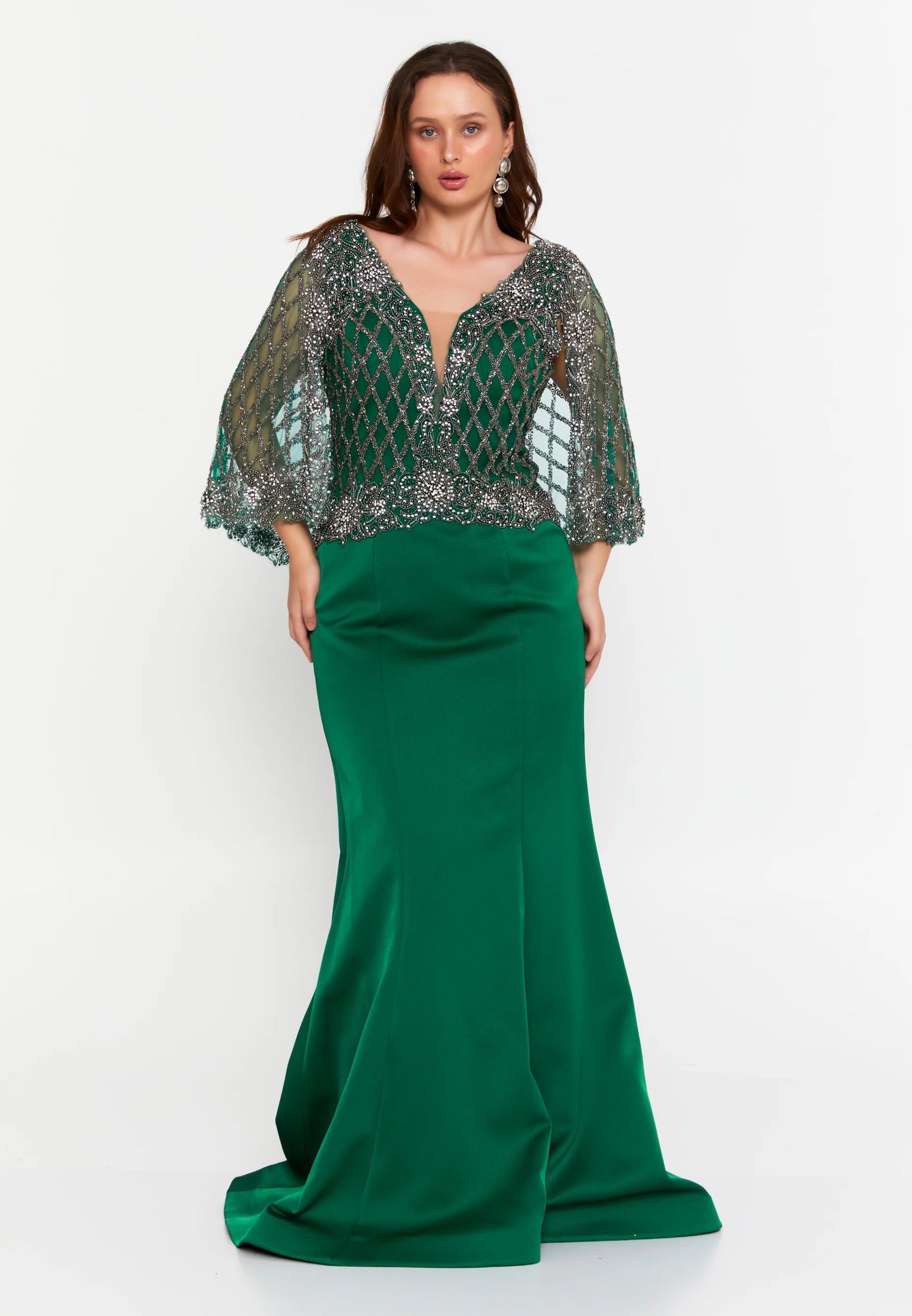 Emerald Beaded Cape Sleeve Gown