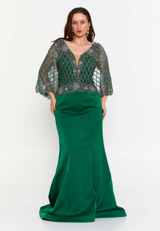 Emerald Beaded Cape Sleeve Gown