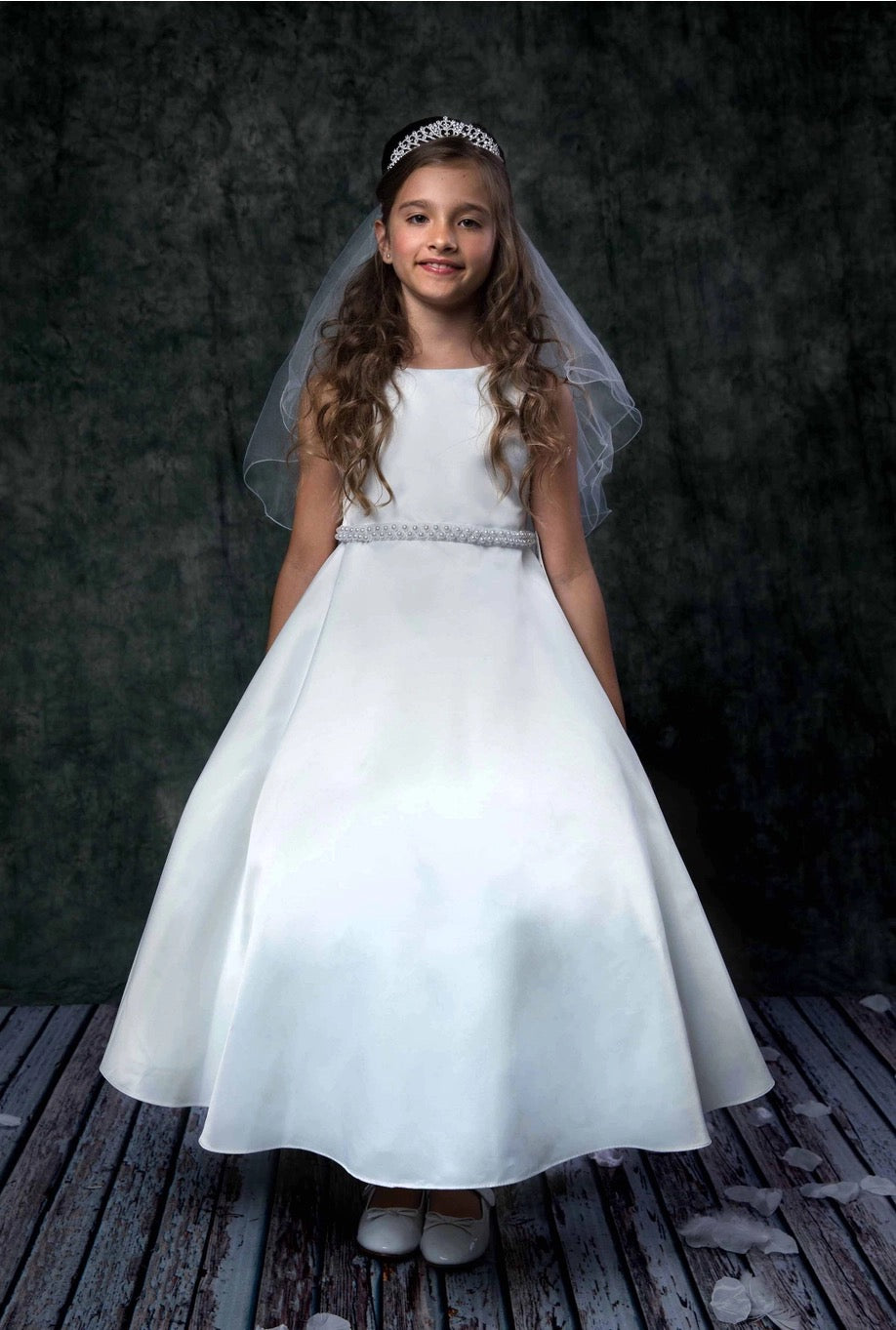 Satin with Pearl Trim Flower Girl / First Communion Dress