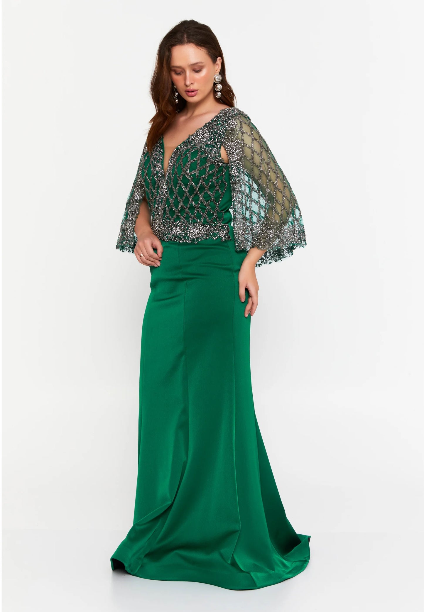 Emerald Beaded Cape Sleeve Gown