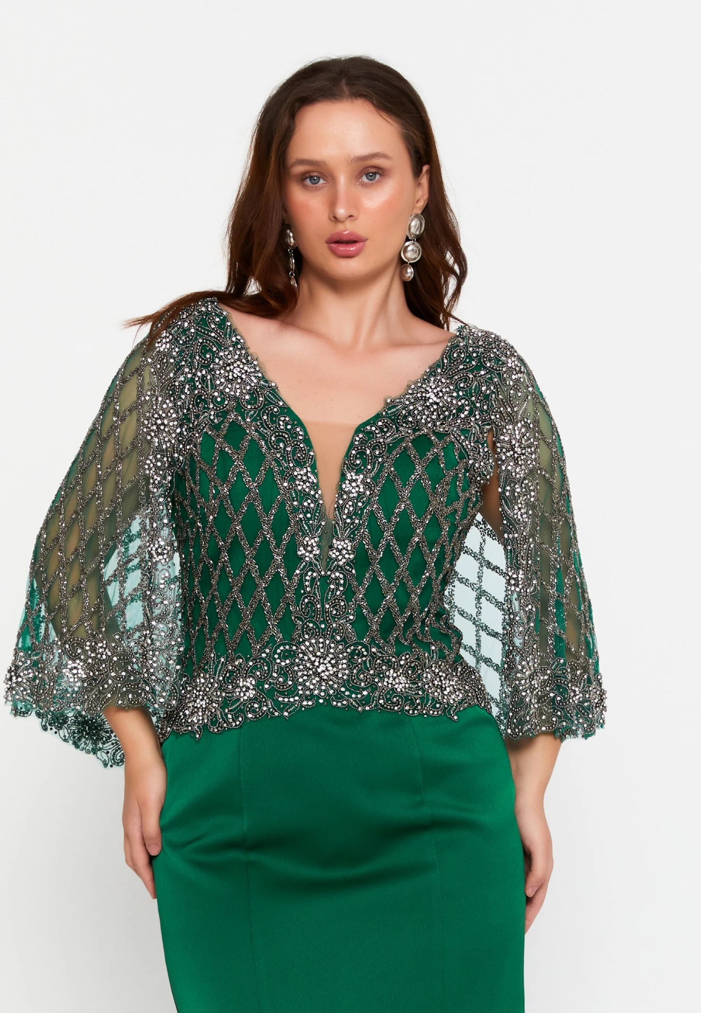 Emerald Beaded Cape Sleeve Gown