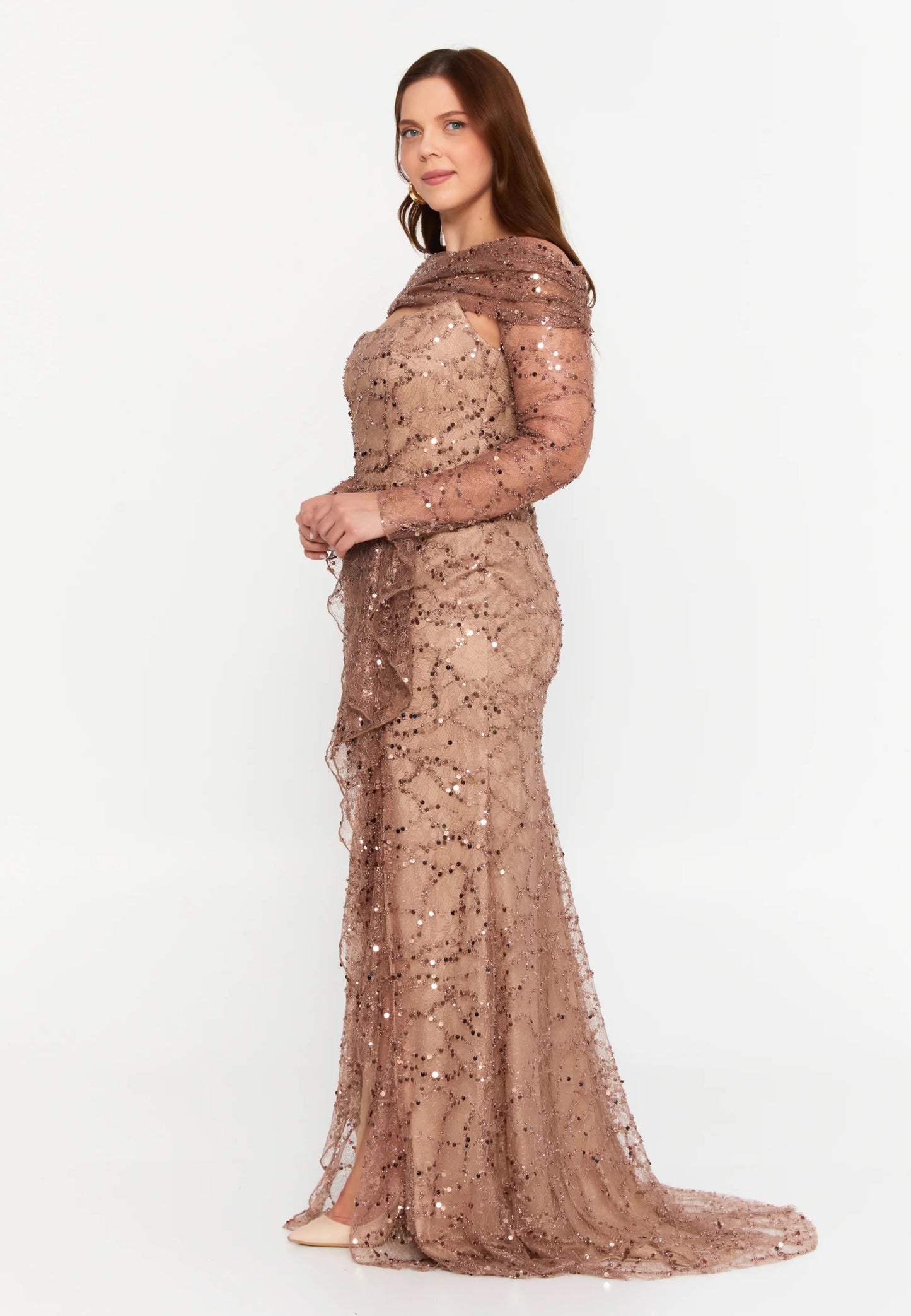 Bronze Off Shoulder Sequin Mermaid Gown
