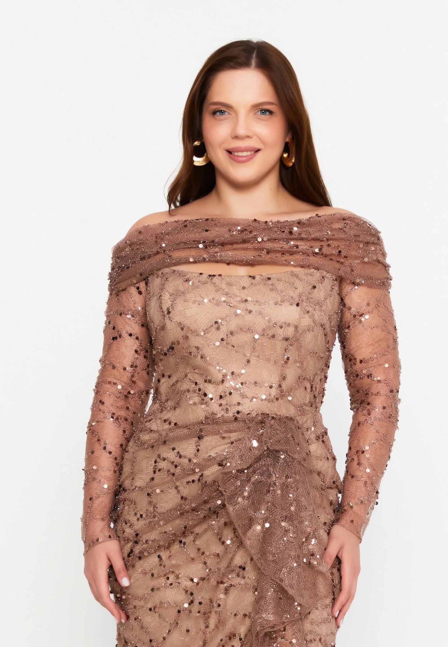 Bronze Off Shoulder Sequin Mermaid Gown