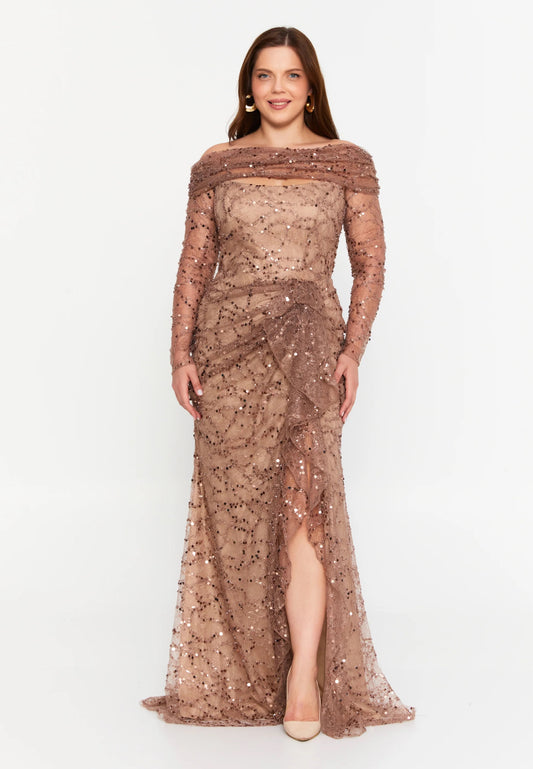 Bronze Off Shoulder Sequin Mermaid Gown