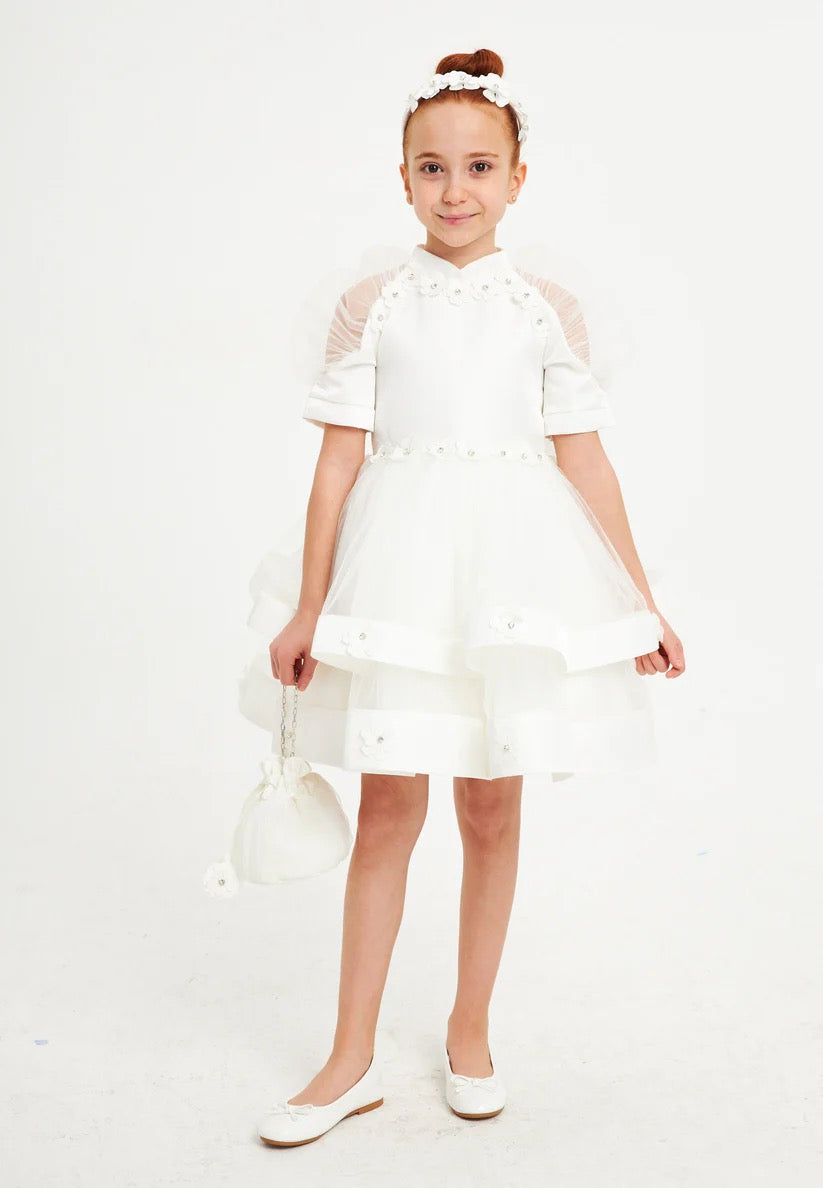 White Puffy Sleeve Girls Dress with Matching Purse and Headband