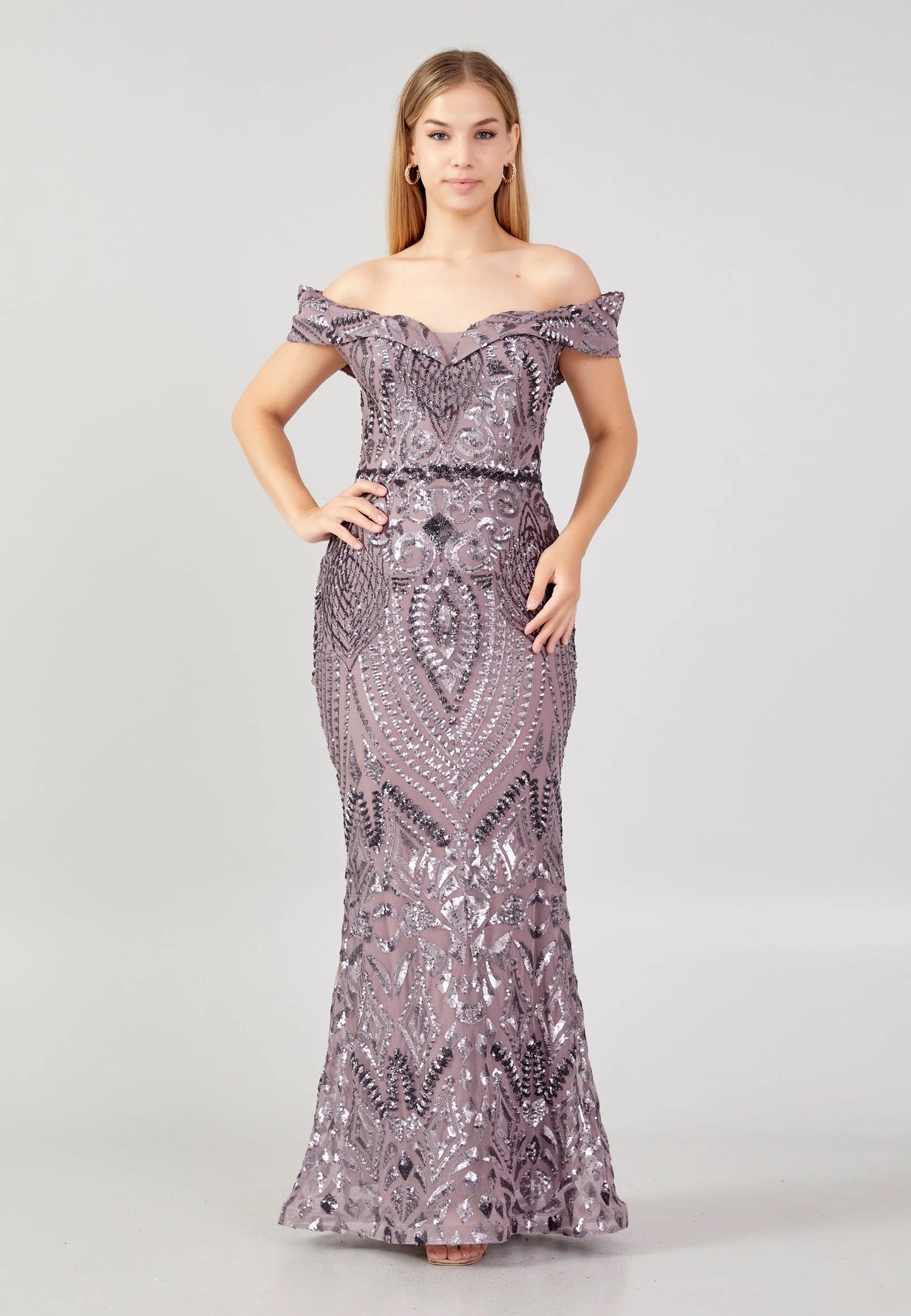 Purple Off Shoulder Sequin Mermaid Gown