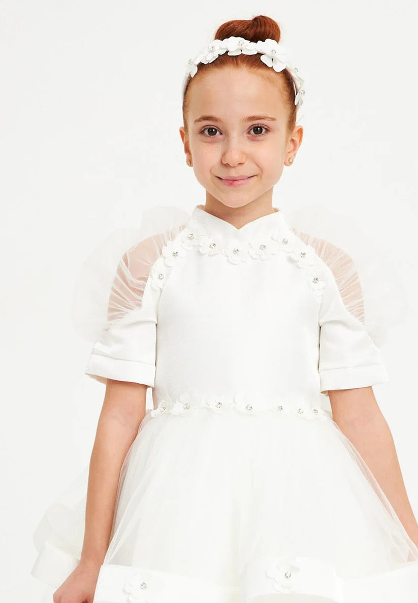 White Puffy Sleeve Girls Dress with Matching Purse and Headband