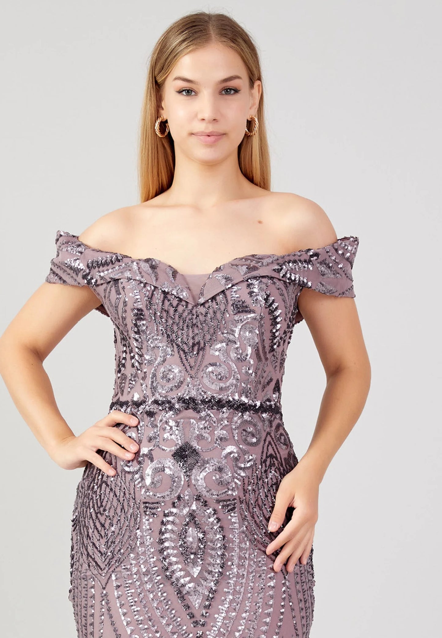 Purple Off Shoulder Sequin Mermaid Gown