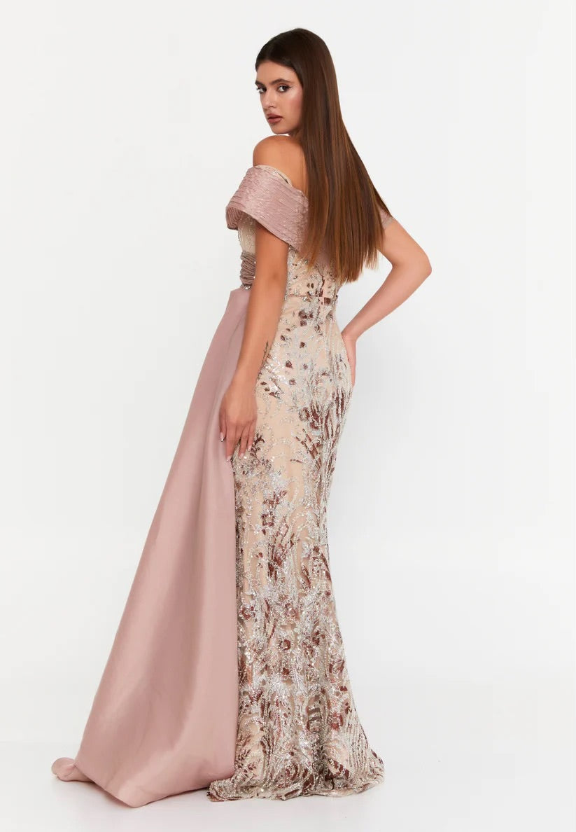 Blush Off Shoulder Sequin Evening Gown