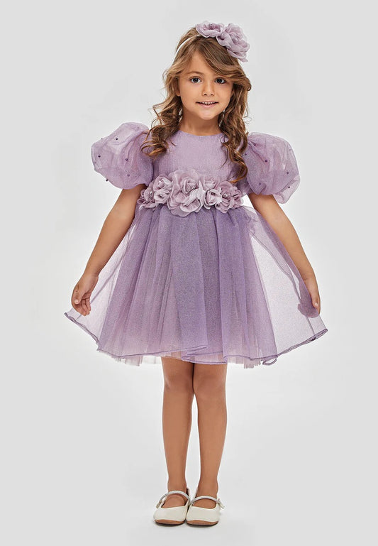 Lilac Puff Sleeve Dress with Pearl Details