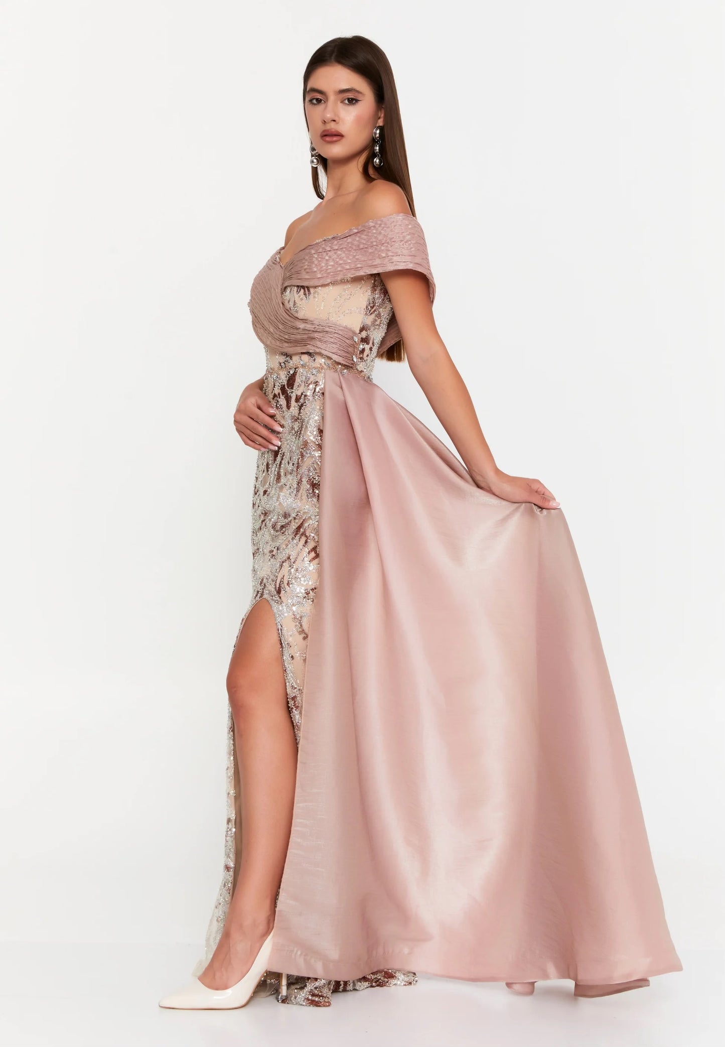 Blush Off Shoulder Sequin Evening Gown