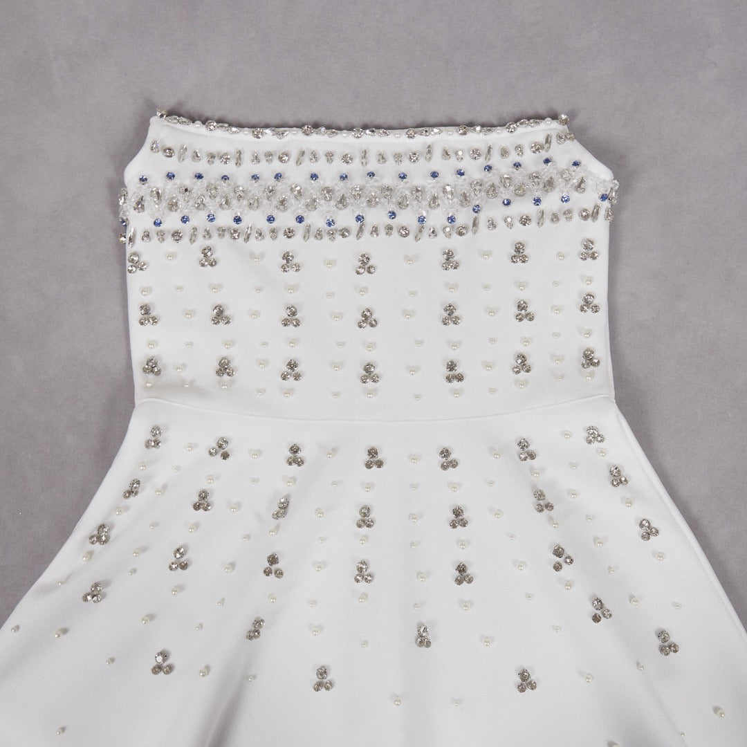 White Rhinestone Strapless Mini Dress