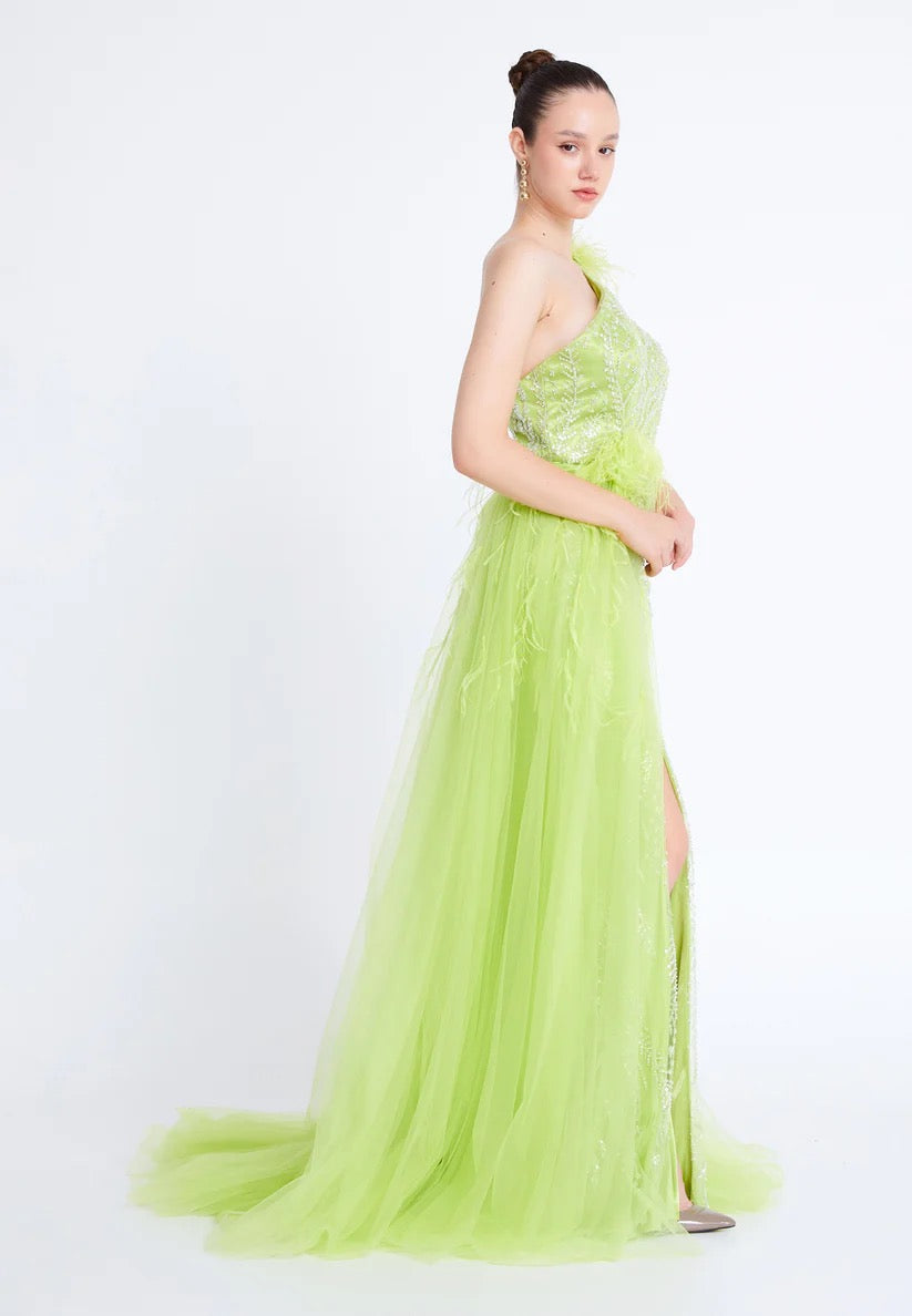 Lime Green Sparkle With One Shoulder Statement