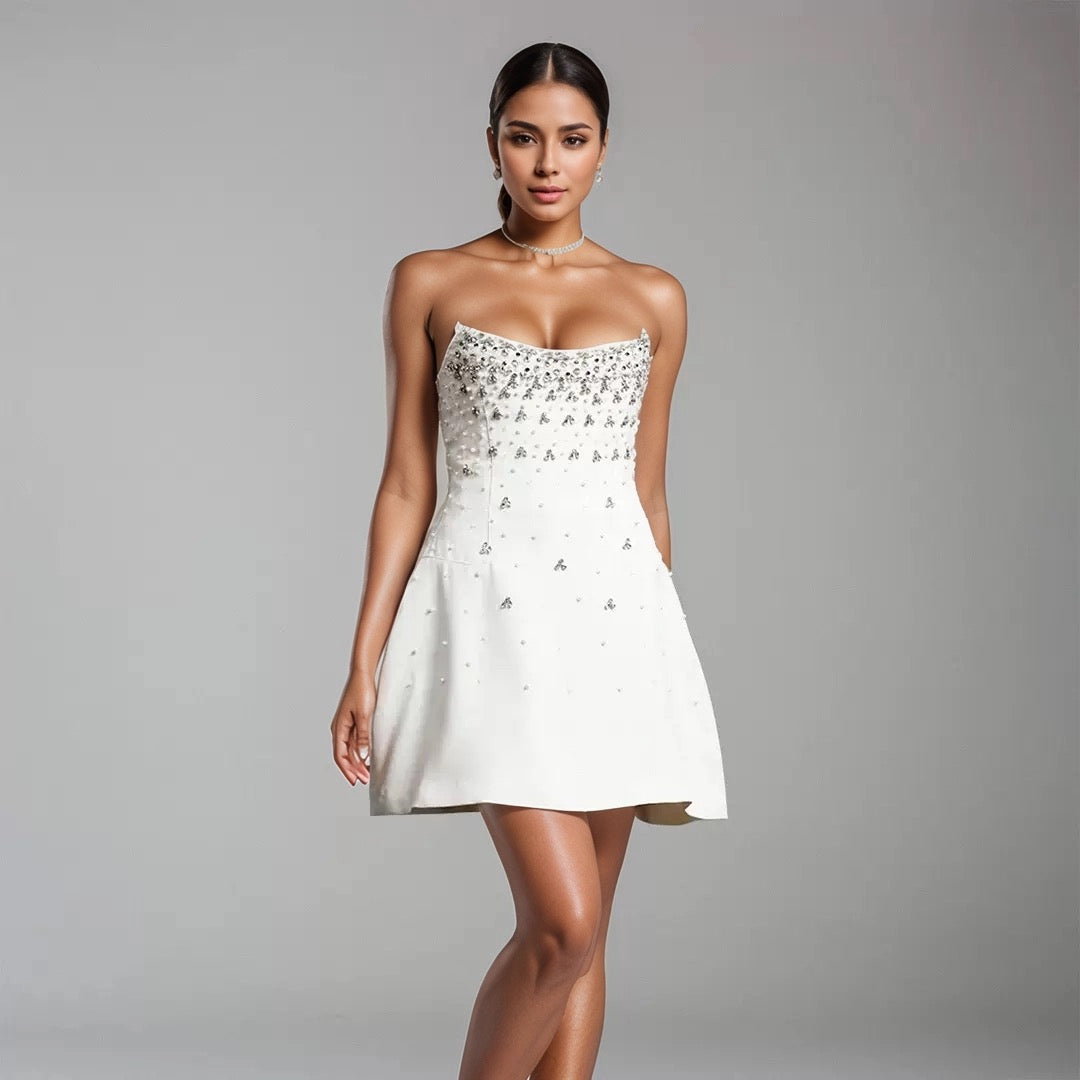 White Rhinestone Strapless Mini Dress