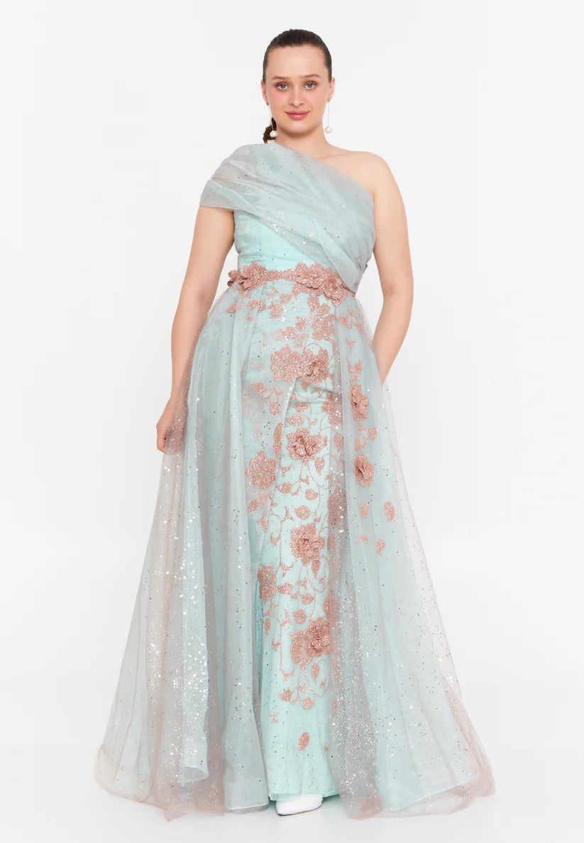 Blue and Rose Gold One Shoulder Evening Gown
