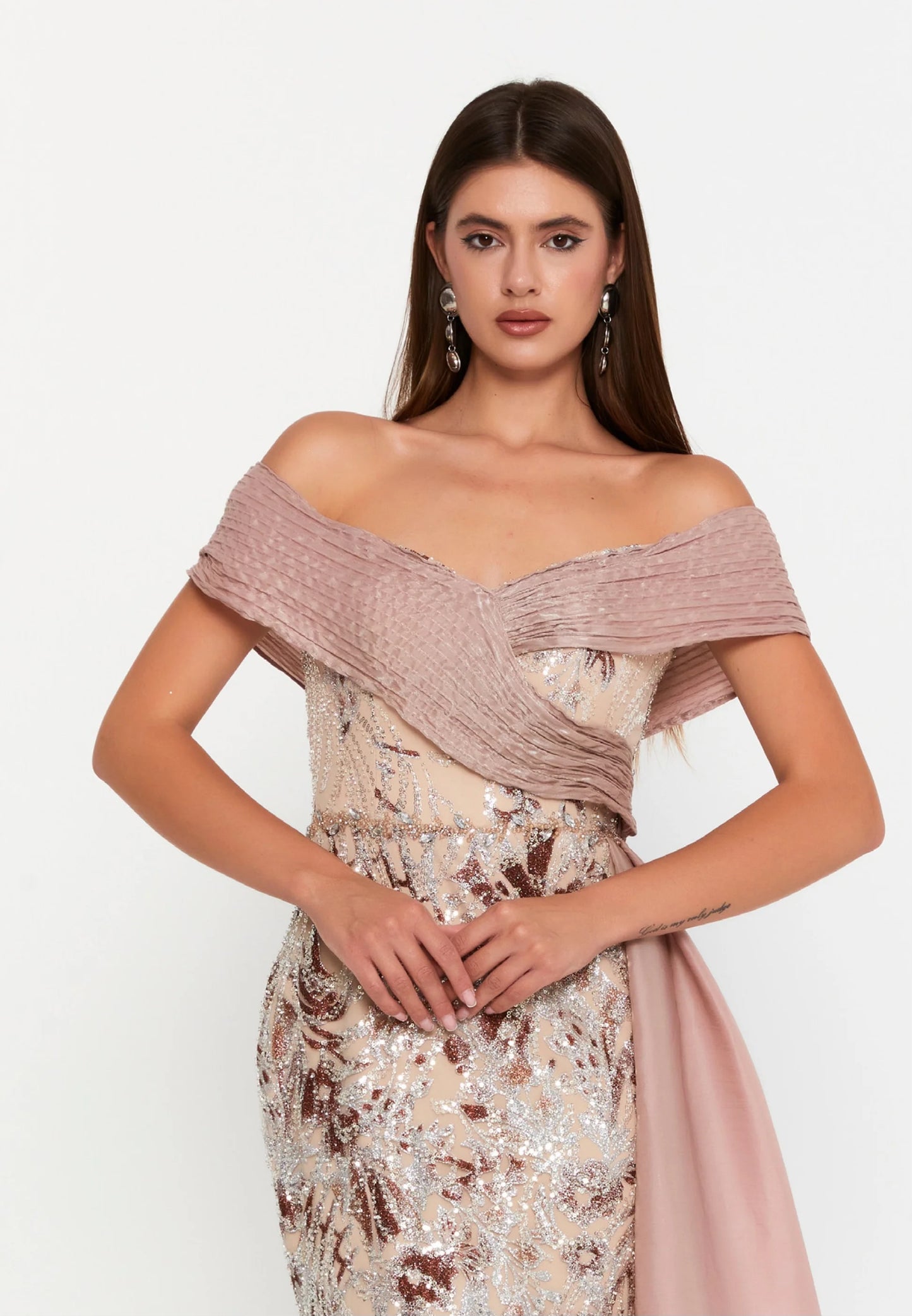 Blush Off Shoulder Sequin Evening Gown