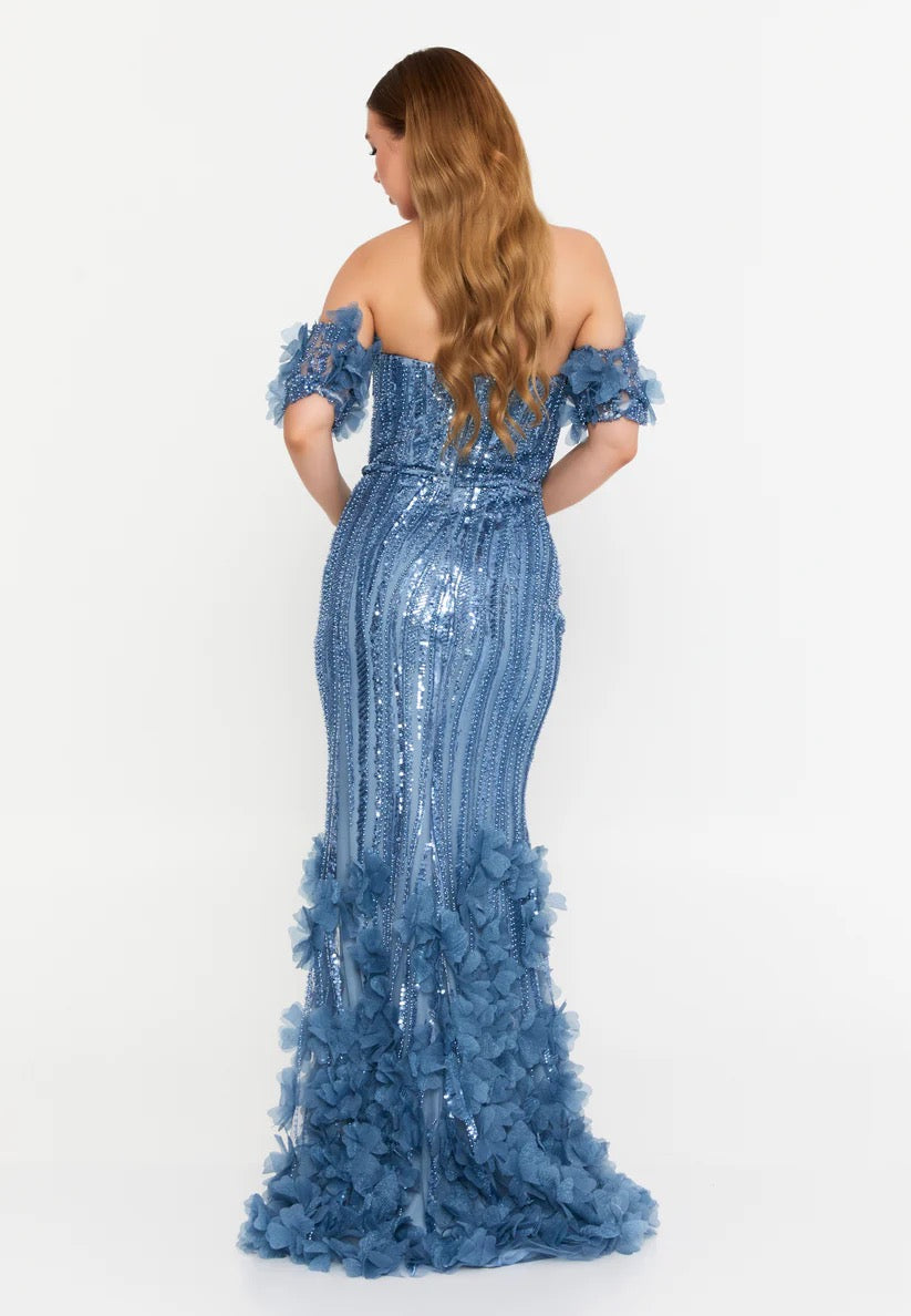 Blue Strapless Sequin Floral Appliqué Dress with Arm Cuffs