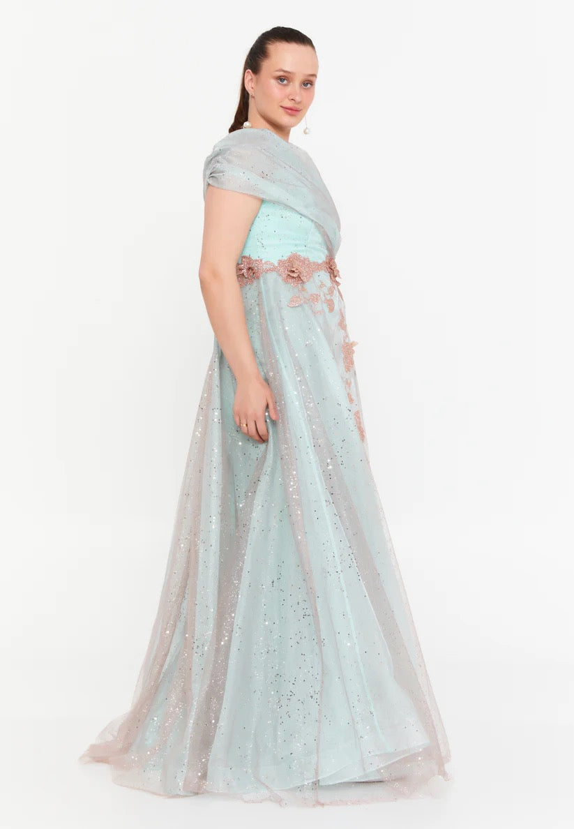 Blue and Rose Gold One Shoulder Evening Gown