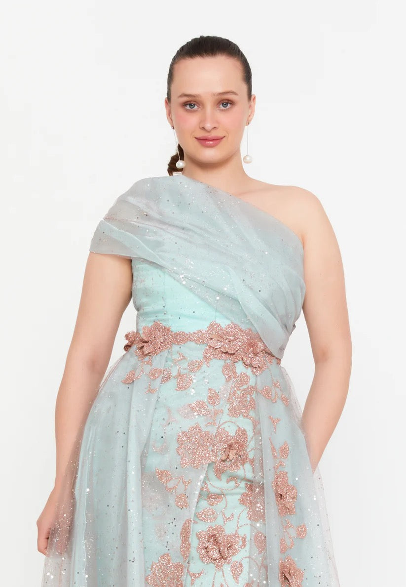 Blue and Rose Gold One Shoulder Evening Gown