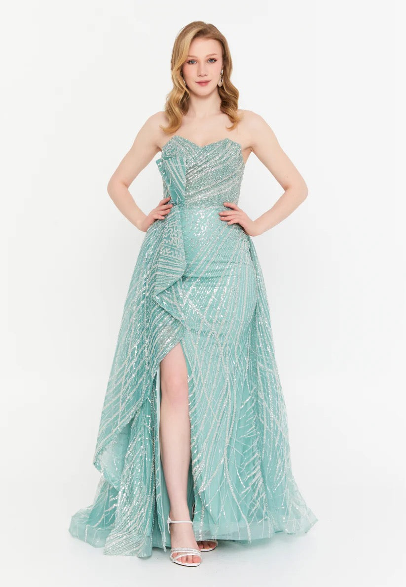 Mint Strapless Sequin Evening Dress
