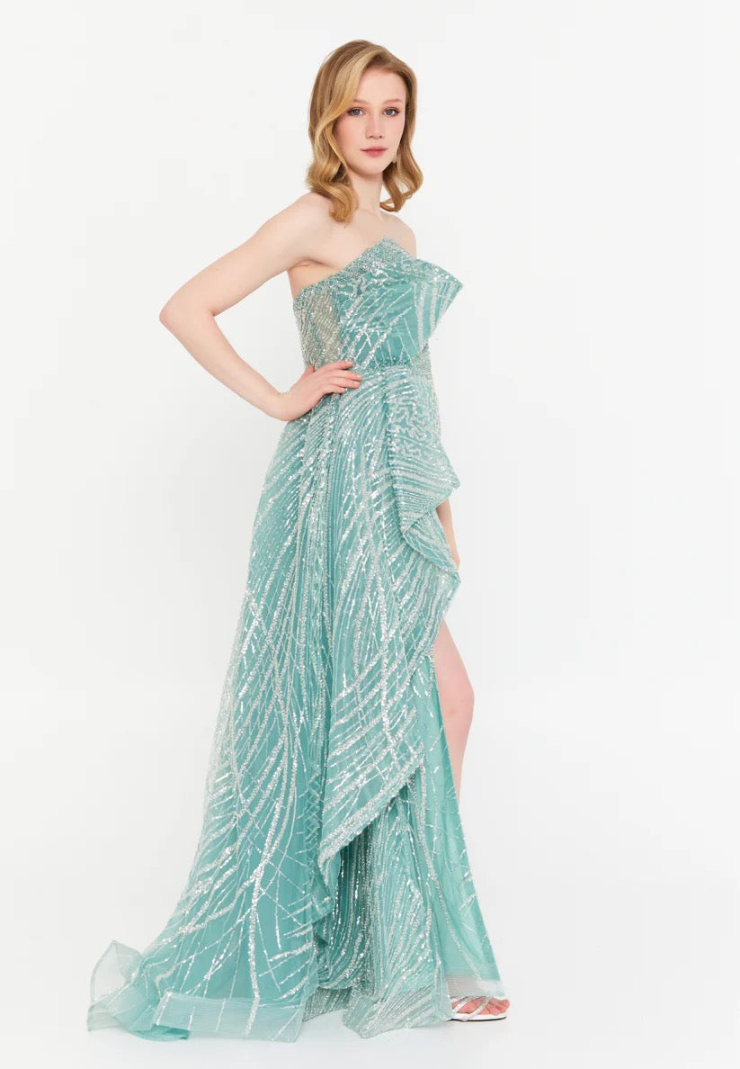 Mint Strapless Sequin Evening Dress