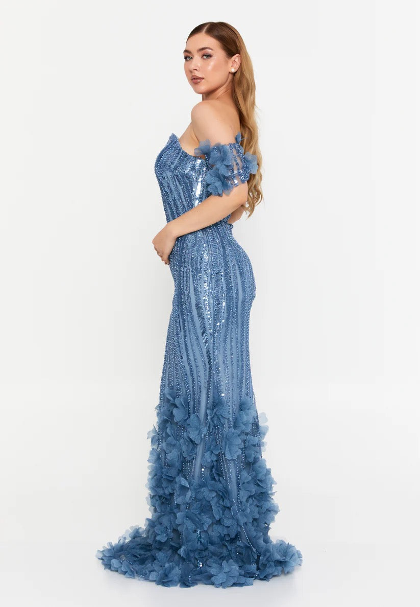 Blue Strapless Sequin Floral Appliqué Dress with Arm Cuffs