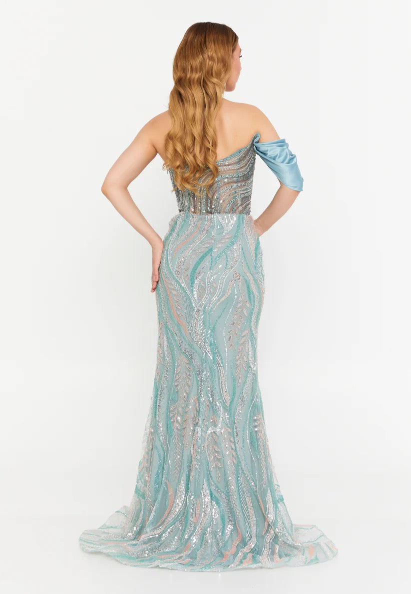 Mint One Shoulder Satin & Sequin Evening Gown