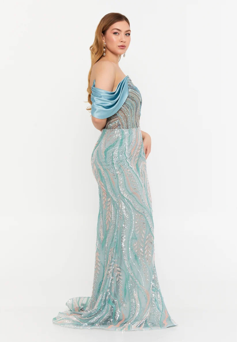 Mint One Shoulder Satin & Sequin Evening Gown