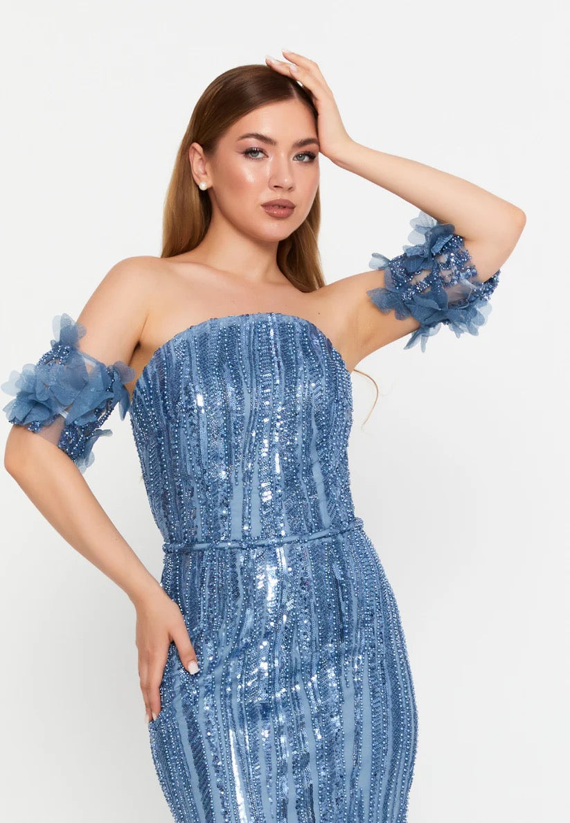 Blue Strapless Sequin Floral Appliqué Dress with Arm Cuffs