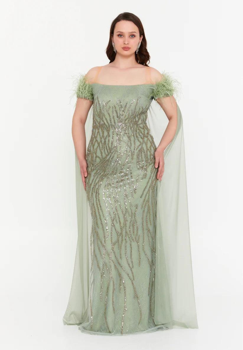 Sage Green Off-Shoulder Feather Cape Gown