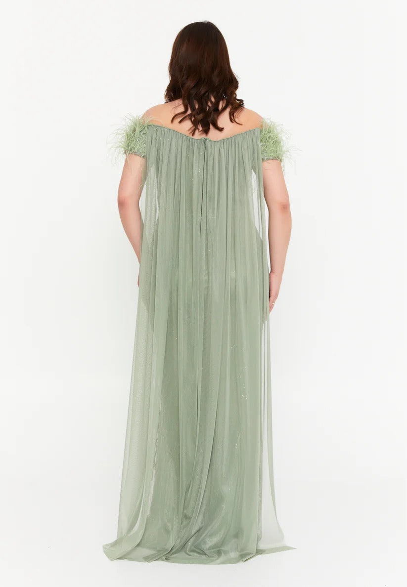 Sage Green Off-Shoulder Feather Cape Gown