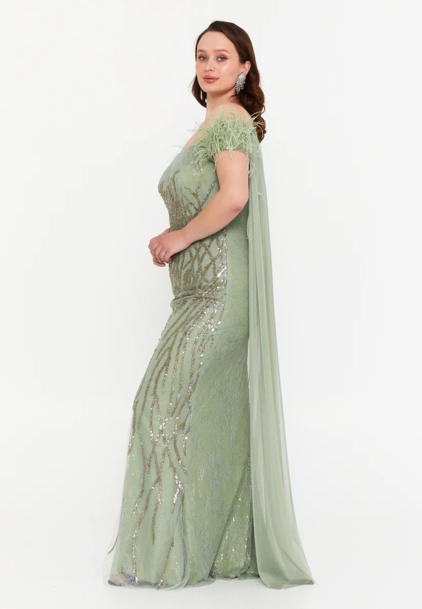 Sage Green Off-Shoulder Feather Cape Gown