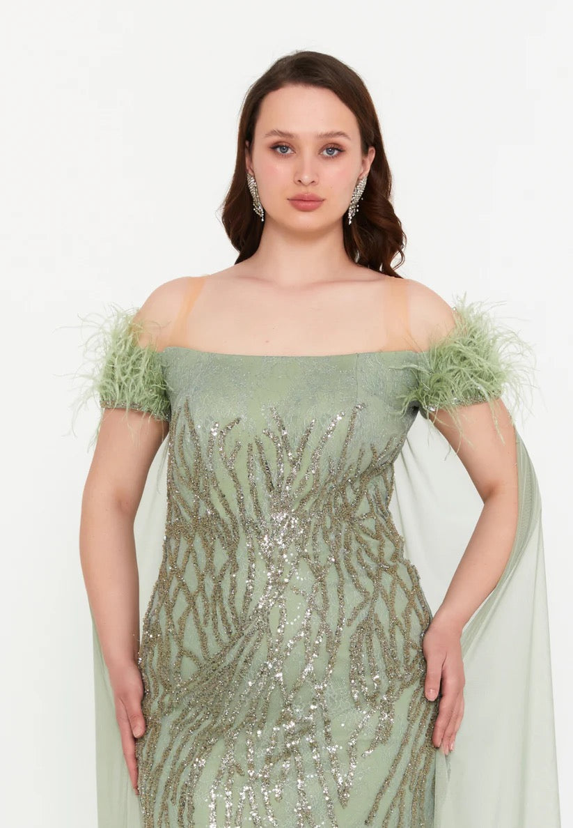 Sage Green Off-Shoulder Feather Cape Gown