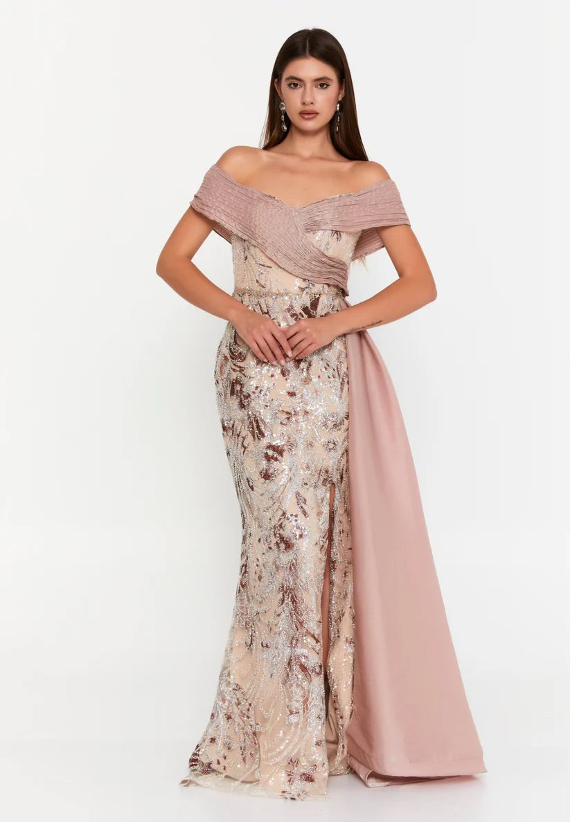 Blush Off Shoulder Sequin Evening Gown